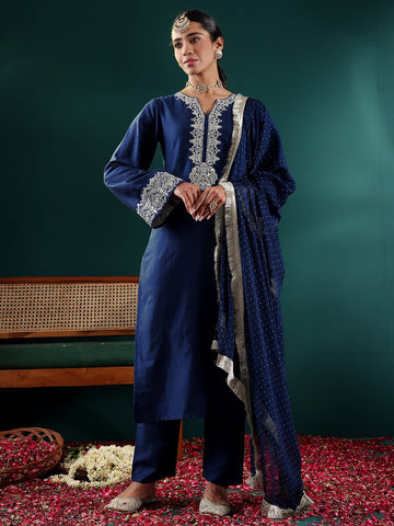 Varanga Women Blue Round Neck With Embroidered Kurta , Full Sleeves , Straight Kurta With Side Slits, Paired With Tonal Bottom And Dupatta.