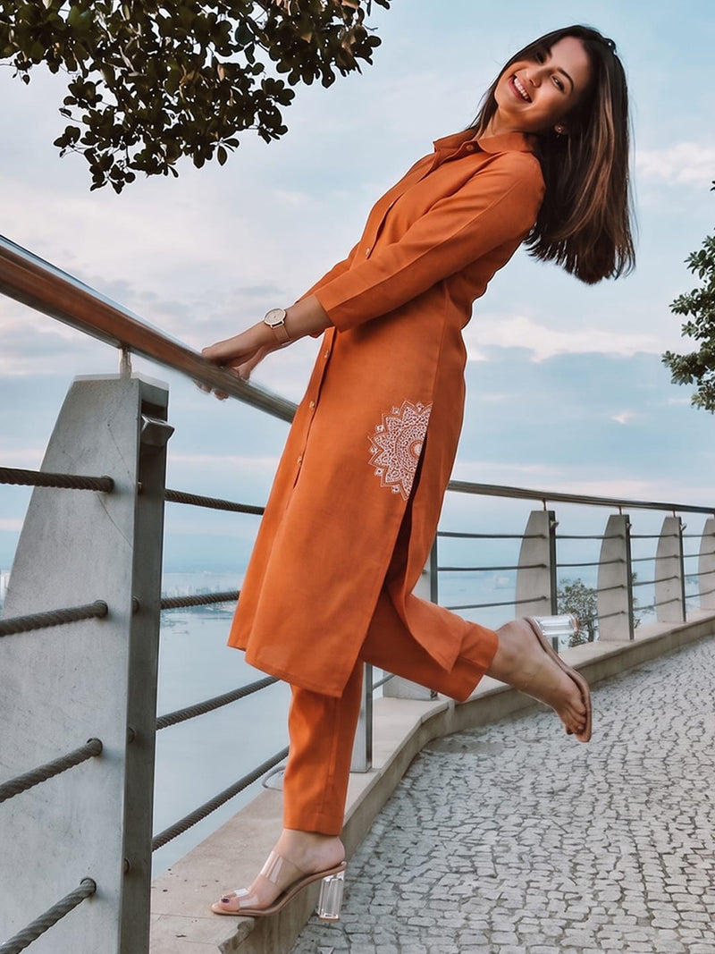 Womens Rust Orange Shirt-Style Kurta with Trousers