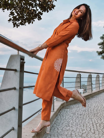 Womens Rust Orange Shirt-Style Kurta with Trousers