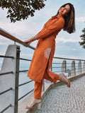 Womens Rust Orange Shirt-Style Kurta with Trousers
