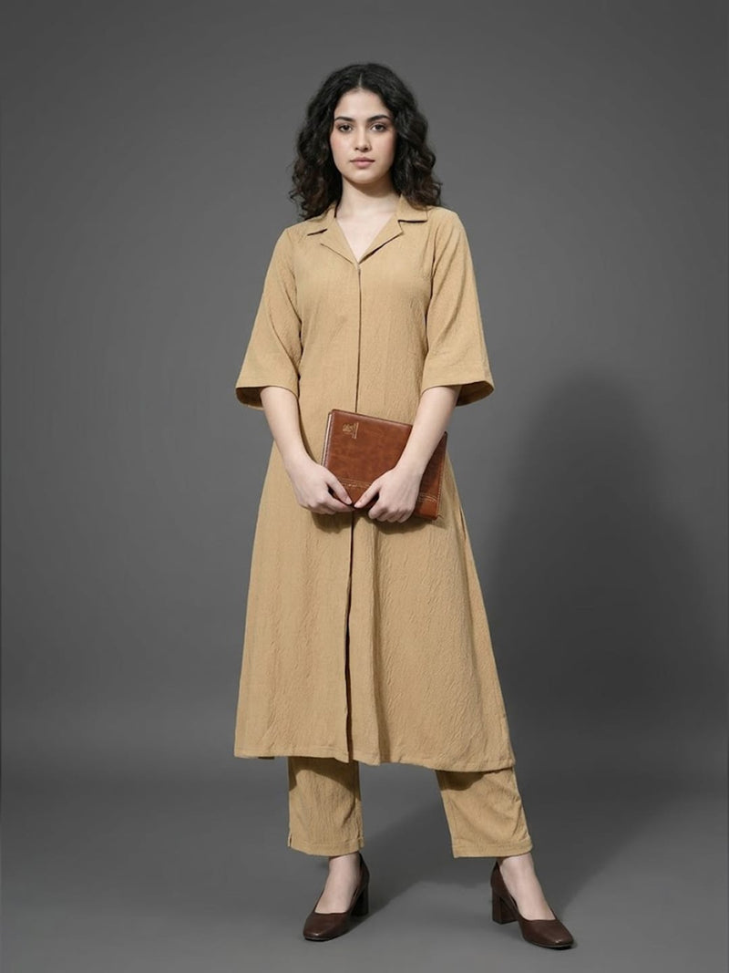 Varanga Women Mauve Shirt Collar Neck A-Line Kurta Paired With Tonal Bottom