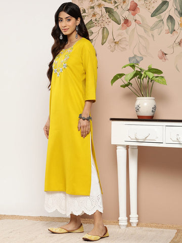 Mustard Yellow Floral Yoke Embroidered Straight Kurta