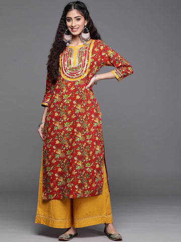 Varanga Women Red Floral Printed Straight Kurta With Gota Detailings
