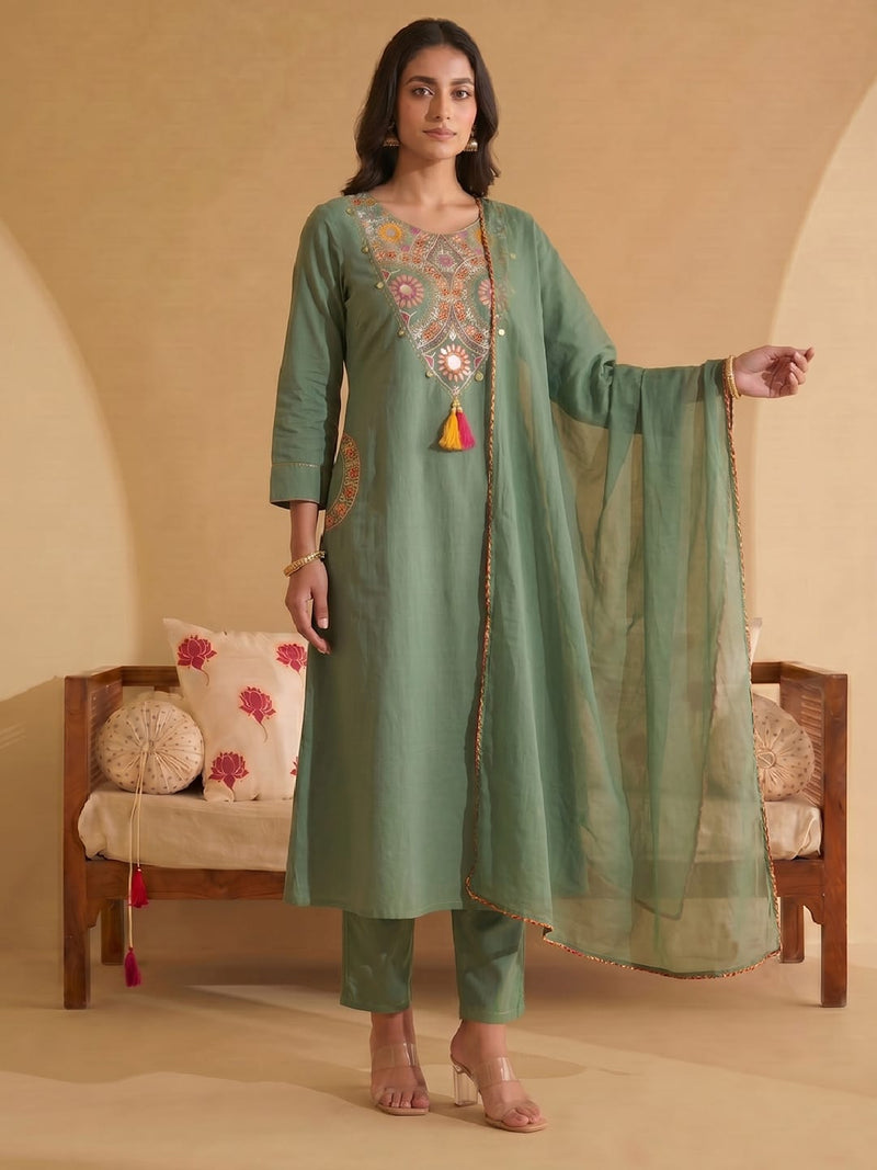Women's Olive Green Mirror Embroidered Kurta Set with Cotton Dupatta