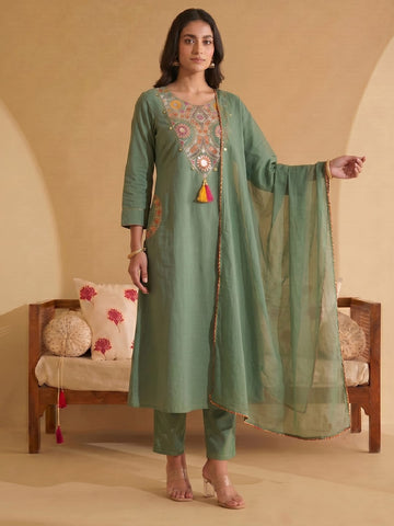 Women's Olive Green Mirror Embroidered Kurta Set with Cotton Dupatta
