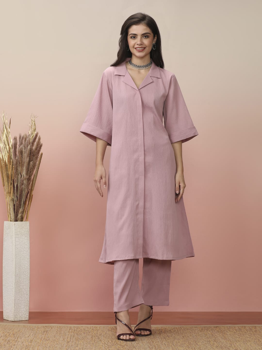 Varanga Women Pink Shirt Collar Neck A-Line Kurta Paired With Tonal Bottom