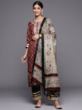 Varanga Women Maroon Abstract Printed Straight Kurta Paired With Contrast Palazzo And Contrast Dupatta