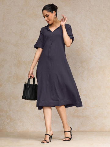Varanga Women  Beige Shirt Collar A Line Dress