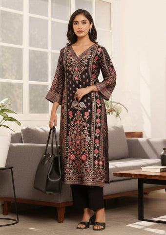 Varanga Women Black Ethnic Floral Printed Kurta With Solid Trouser.