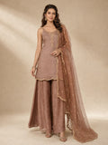 Womens Solid Metallic Kurta Set With Gold Embroidery