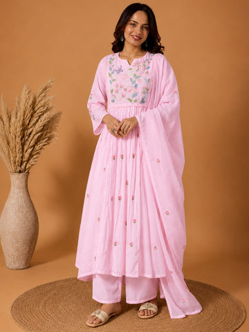 Varanga Women Floral Embroidered Empire Thread Work Pure Cotton Kurta with Trousers & With Dupatta