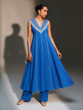 Royal Blue Embroidered Georgette Anarkali Kurta With Trousers (Set Of 2)