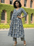 Classic ikat print Aliya-cut kurta in blue and white, teamed with regular-fit ankle-length trousers.
