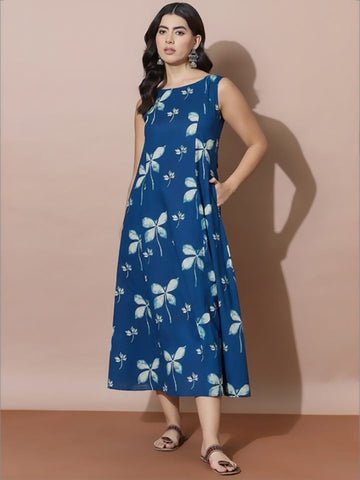 Indigo Floral Stunning Heart-Shaped Back Cut-Out Dress