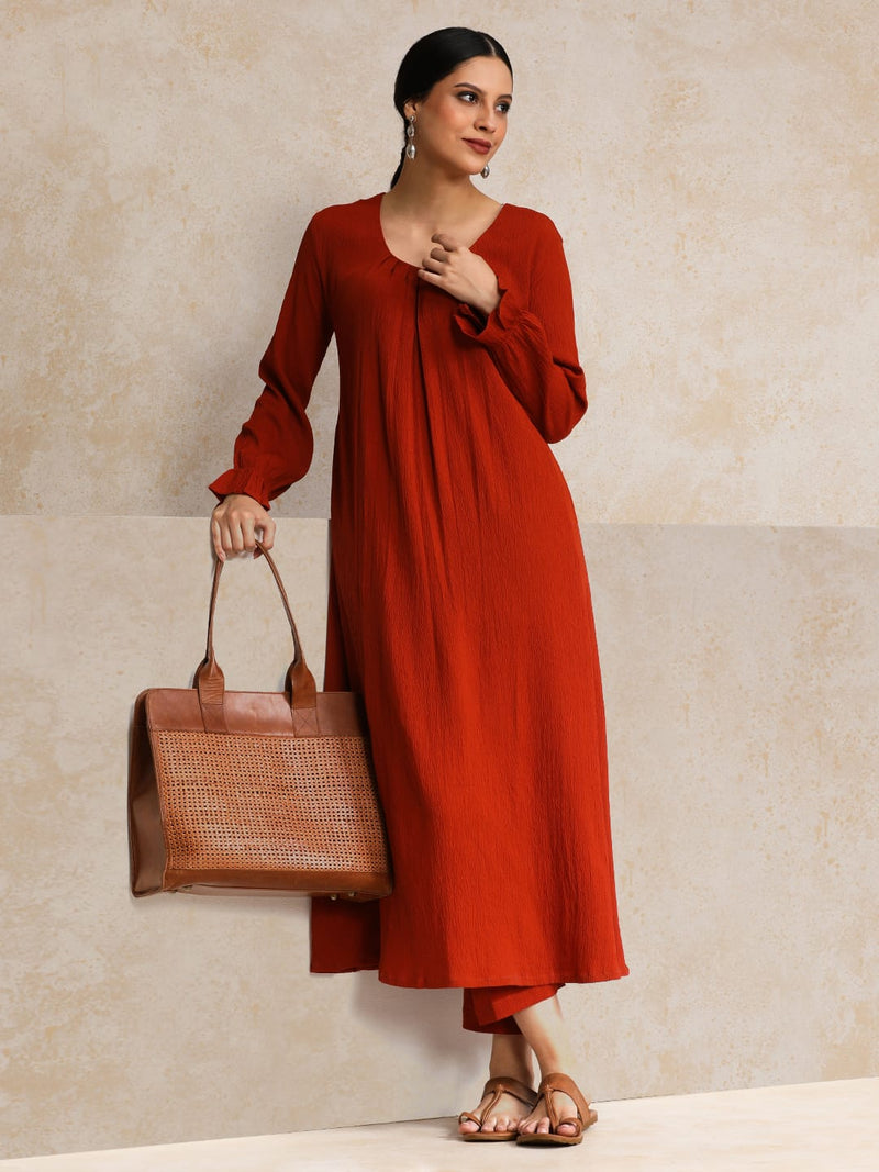 Varanga Women Rust Colour, Bishop Sleeve A-Line Kurta Paired With Tonal Bottom
