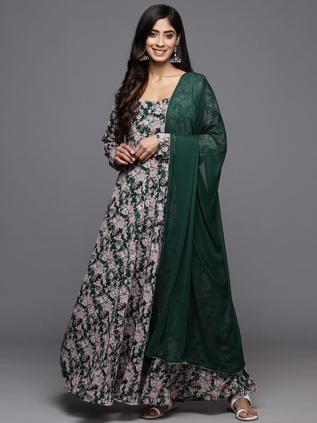 Varanga Women Floral Printed Anarkali Kurta Paired With Dupatta Varanga Women Floral Printed Anarkali Kurta Paired With Dupatta