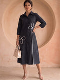 Casual Black Shirt Dress With Thread Embroiderey Detailing