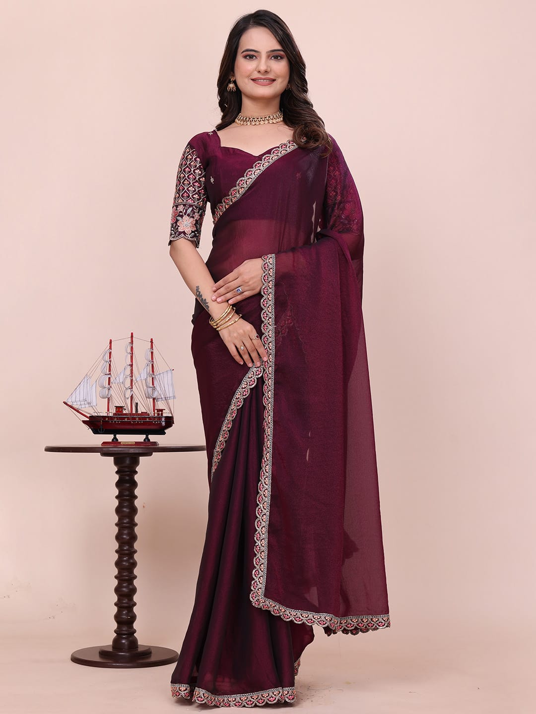 Varanga Embellished Embroidered Poly Chiffon Designer Saree
