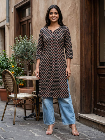 Women's Black Ethnic Motif Printed Straight Kurta