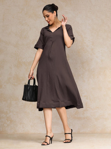 Varanga Women  Beige Shirt Collar A Line Dress