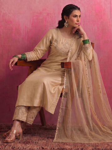 Beige Embroidered Chanderi Kurta Set With Straight Pants And Organza Dupatta.