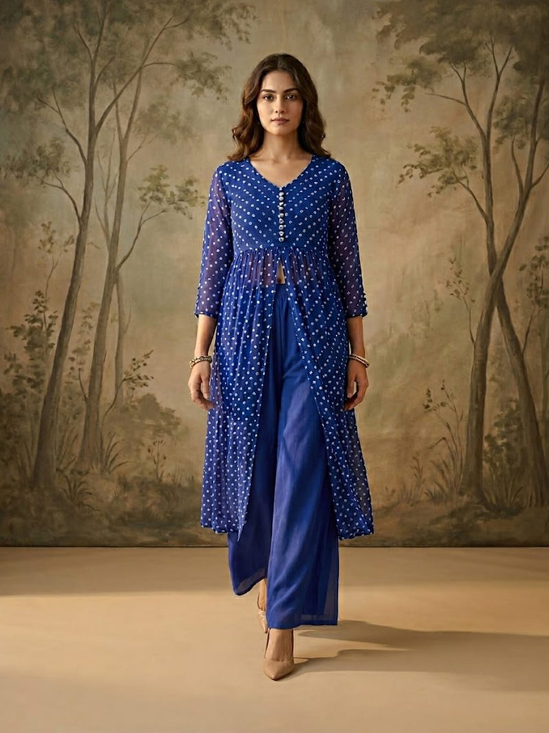 Royal Blue Bandhani Front-Slit Kurta Set