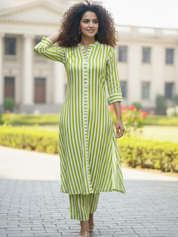 Lime stripes Button-Down Kurta set