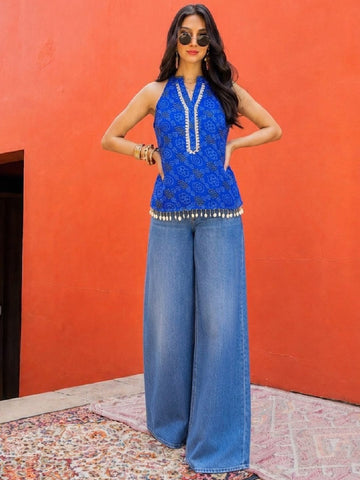 Blue Bandhani Print Fusion Top