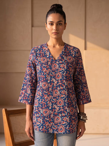 Women's Indigo & Rust Floral Block Print Kurta
