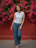 Indigo Block-Print Sleeveless Collared Crop Shirt