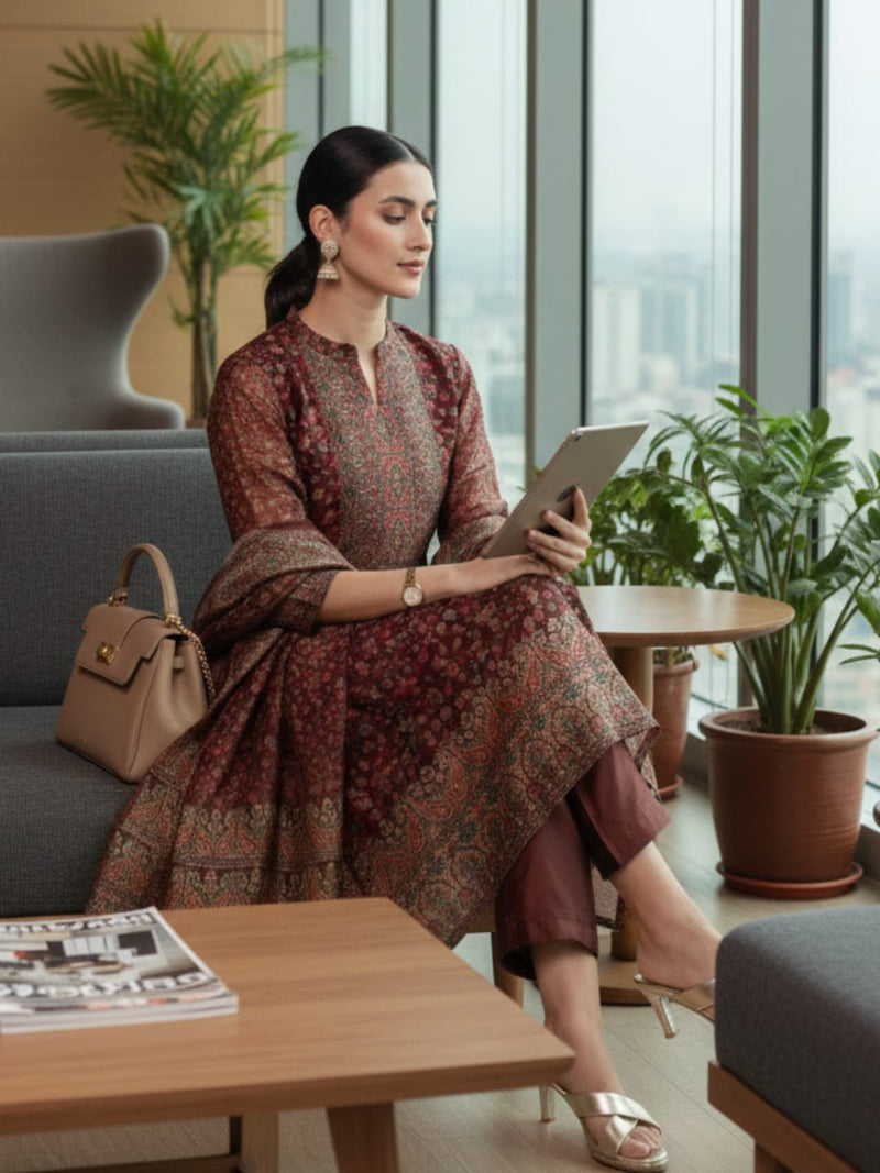 Varanga Women Brown Printed Straight Kurta Paired With Solid Bottom And Printed Dupatta