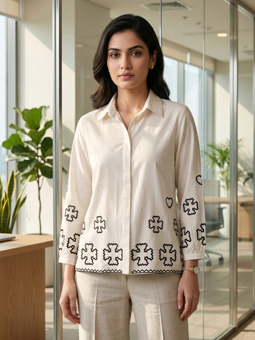 White Coloured Slim Collar Long Sleeves Ethnic Motifs Shirt