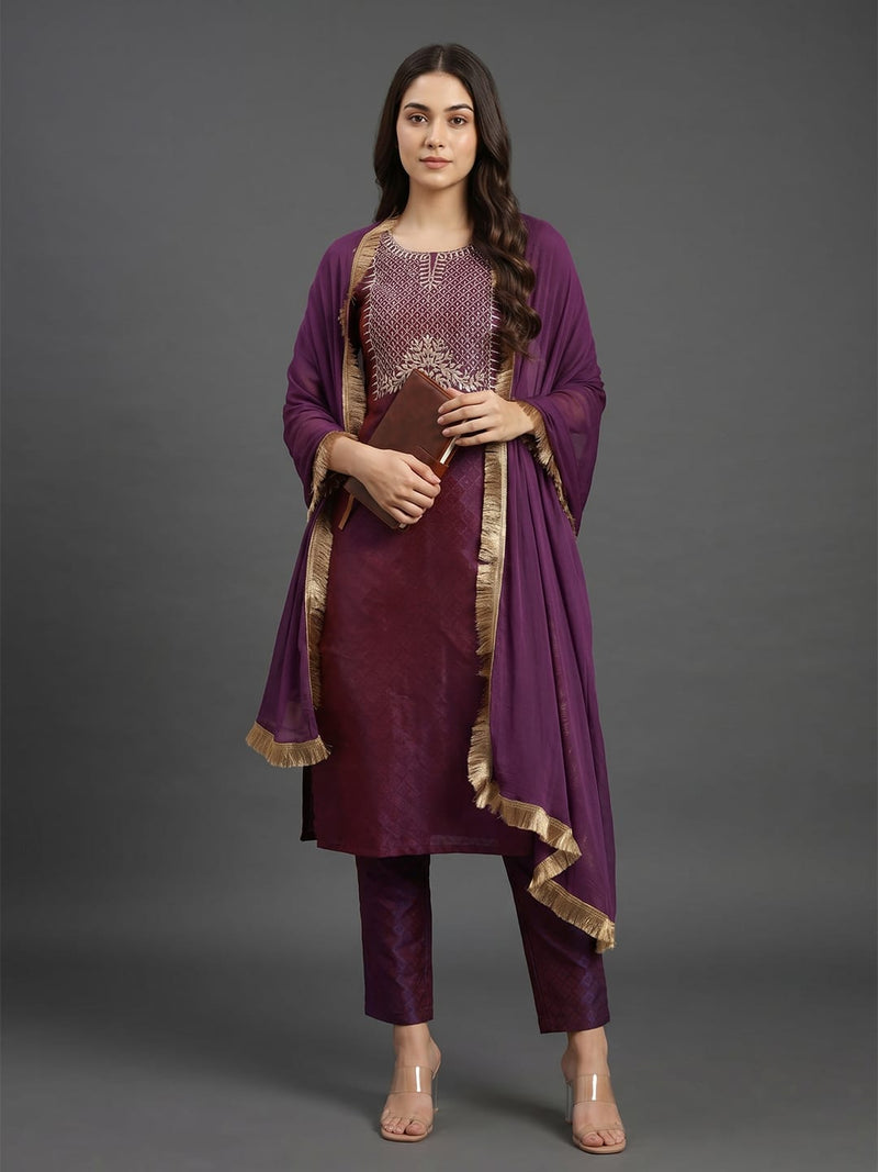 Varanga Women Purple Gold Toned Ethnic Motifs Embroidered Gotta Patti Kurta With Trousers Dupatta