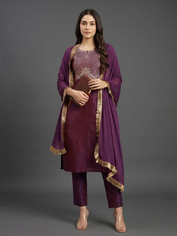 Varanga Women Purple Gold Toned Ethnic Motifs Embroidered Gotta Patti Kurta With Trousers Dupatta