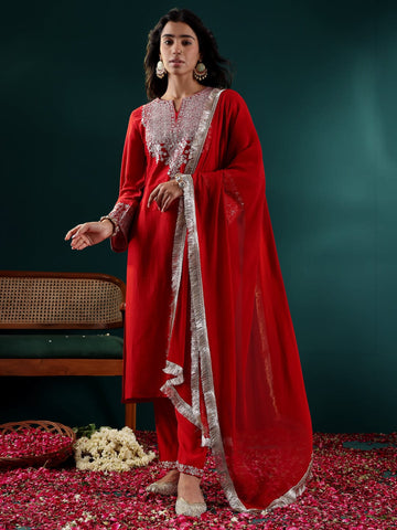 Varanga Women Red Embroidered A- Line Kurta With Bottom And Dupatta