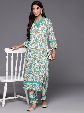 Varanga Women Floral Printed V-Neck Straight Kurta Paired With Bottom