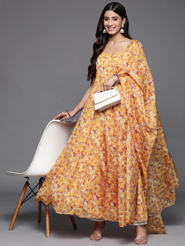 Varanga Yellow Women Floral Printed Georgette Anarkali Kurta