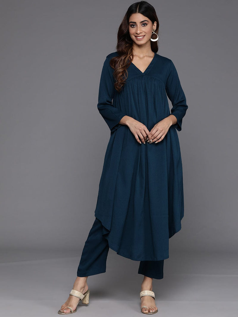 Varanga Women Teal Empire Gathered Details A-Line Kurta Paired With Tonal Bottom