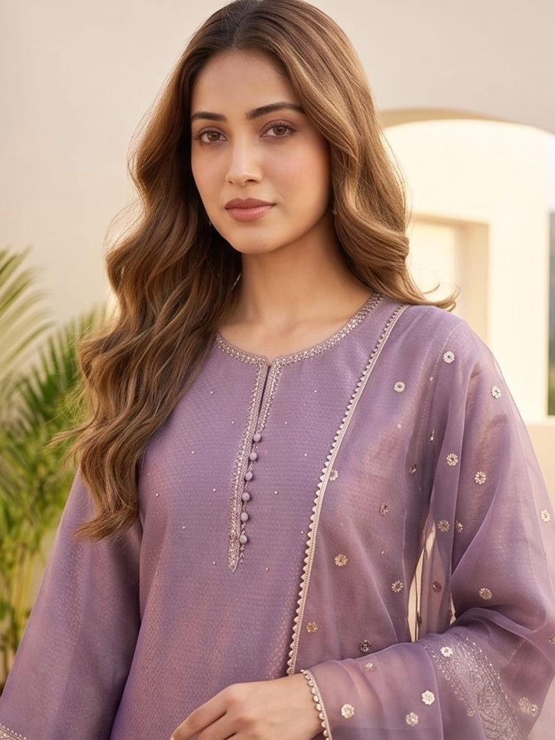 Varanga Women Elegant Three-Piece Brown Shimmer Kurta Set With Solid Ankle-Length Trousers, And An Embroidered Dupatta