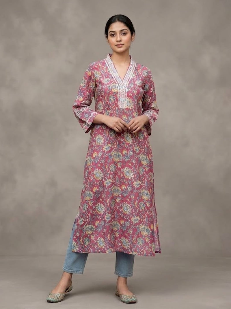 Varanga Women Pink Floral Printed V- Neckline Lace Detailed Stright Kurta