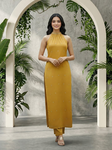 Varanga Women Mustard Halter Neck Straight Lurex Kurta with trouser