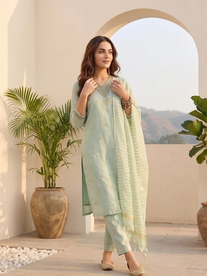 Zari-Embroidered Kurta Paired With Solid Trousers And A Tonal Dupatta .