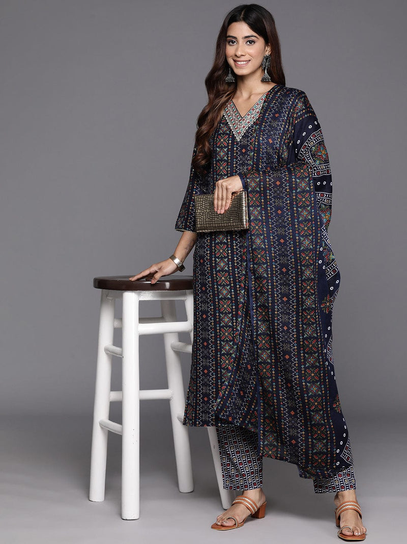 Varanga Women Blue Printed Embroidered Kurta With Bottom And Dupatta