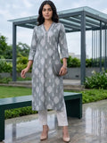 Varanga Women Grey 3/4Th Sleeve, V Neck Collared Kurta.