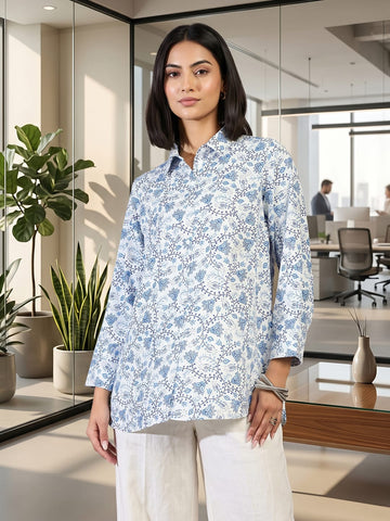 White Coloured Slim Collar Long Sleeves Floral Shirt