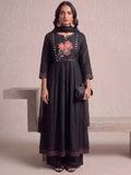 Black Embroidered Flared Kurta With Floral Yoke Detailing.