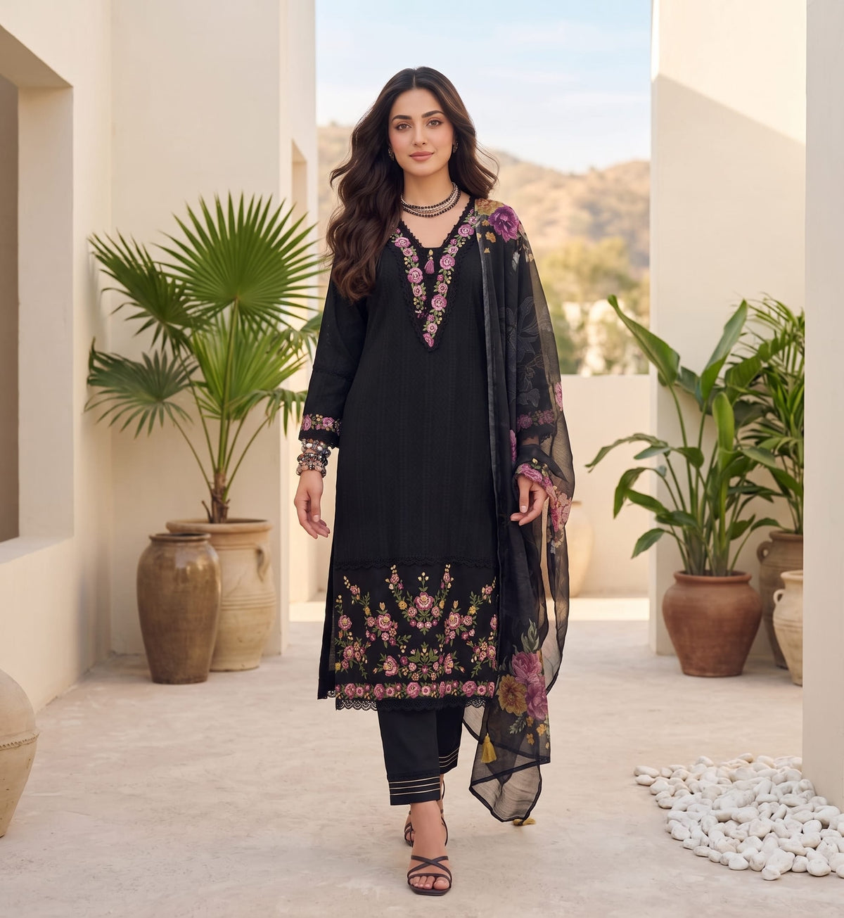 Varanga Women Floral Motif Thread Embroidered & Orangza Lace Detailed Kurta With Trouser & Dupatta
