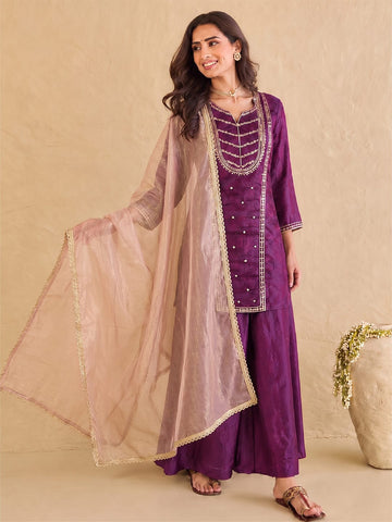 Wine Embroidered Kurta Set Paired With A Shimmering Organza Dupatta.