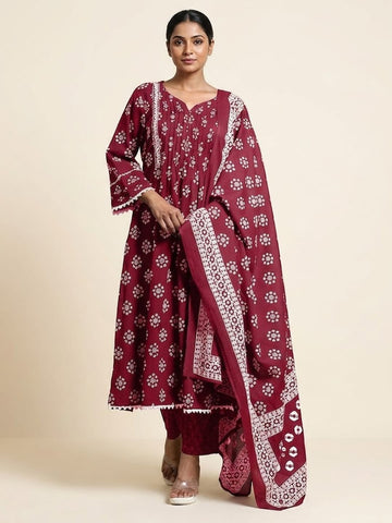 Varanga Women Ethnic Jaipuri Printed Pintuck Yoke With Trouser & Dupatta