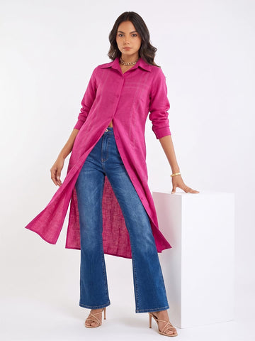 Pink Shirt-Style Kurta Elevated With Chic Contrast Stitch Detailing.